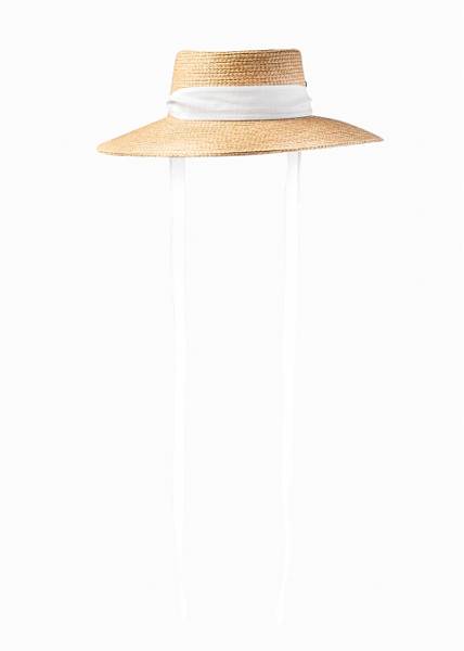 Natural Raffia Hat w/ White Neck Tie Ribbon