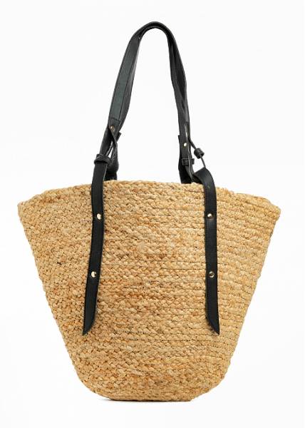 Jute Beach Bag w/ Black Leatherette Handles